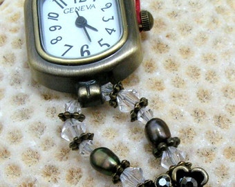 Antique Brass Watch, Swarovski Crystal, Fresh Water Pearl Jewelry W066