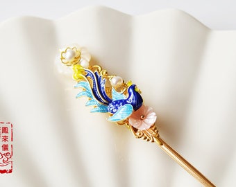 flyin Chinese phoenix hair pin, brass-based cloisonne hair stick, traditional Chinese hair stick