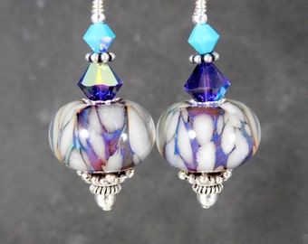 White Purple Turquoise Blue Glass Dangle Earrings, Sterling Silver Boho Earrings, Gypsy Earrings, Boro Lampwork Earrings, Art Glass Earrings