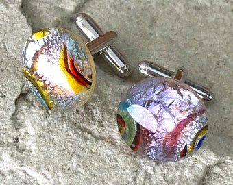 Fused Glass Cufflinks ..Circular Button Cabochons - Silver Tone T-Bar Fittings - Gift Boxed