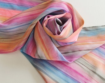 Hand Painted Silk Scarf - Handpainted Scarves Rose Pink Coral Orange Peach Slate Denim Blue Gray Grey Stripe Watercolor