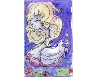 Original Watercolor Illustration - swan woman Art by Ela Steel - green blue orange strange lowbrow art