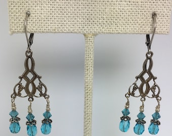 turquoise crystal and silver chandelier earrings