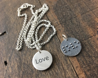 Braille Necklace, Love Charm Necklace with Braille On the Back, Sterling Silver Braille Necklace, Charm Necklace