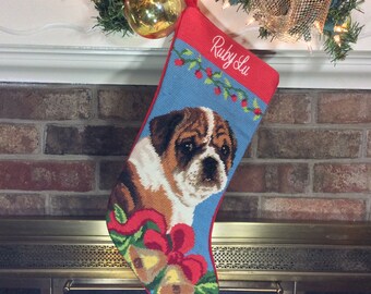 Bulldog Needlepoint Christmas Stocking, Christmas stocking, Dog stocking, Personalized Christmas stockings, Dog Christmas stocking