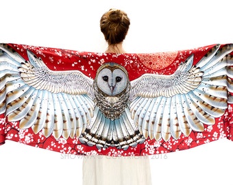 Women Scarves, Barn Owl Wings Scarf, Red Scarf, Wearable Art, Red Silk Scarf, Gift For Her, Owl Shawl Wrap, Birds Scarf, Women Shawl
