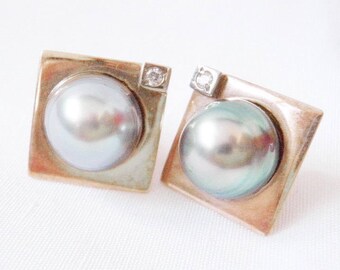 Baroque Pearl Diamond Earrings - 14k Gold - Gray Pearl Earrings - Bridal - Pearls Diamonds - Bride Wedding - Mother's Day - 1980s Designer