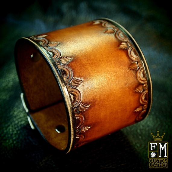 Leather cuff Bracelet- Vintage style Brown stamped and tooled wristband Custom Made for YOU in USA by Freddie Matara!