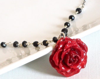 Real Red Rose Necklace - Black Spinel Necklace, Sterling Silver, Real Flower Jewelry, Nature Jewelry