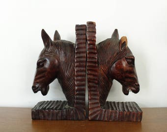 Vintage Hand Carved Wooden Horse Bookends / Animal Bookends / Antique Bookends / Vintage Library Decor / Shelf Decor / Rustic Home Decor