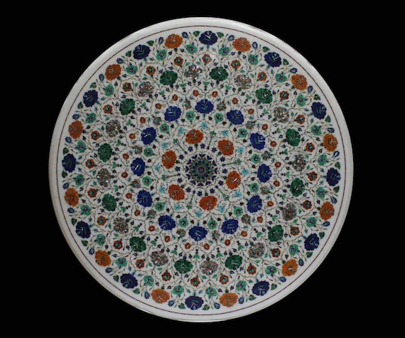 Round Dining Table Marble Inlaid Semiprecious Stone Multicolor 