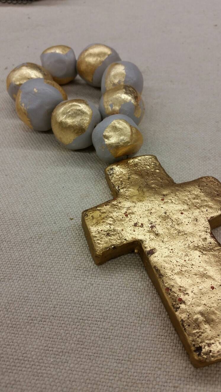 Grey Blessing Beads Jumbo Clay Handmade With Gold Leaf And Cross