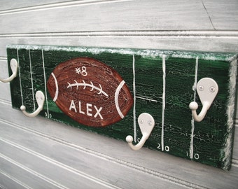 Football Team Player Rack Hanger Boys Sports Room Decor Wall 4 Hook Personalized Name Team Colors Sports Room Decor Handpainted MTO Custom