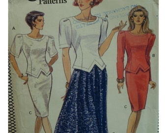 Two Piece Dress Pattern, Fitted Top, Shaped Hem, Round Neck, Long/Short Sleeves, Fitted/Flared Skirt, Vogue No. 7778 UNCUT Size 12 14 16