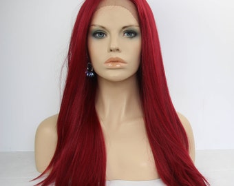 Long Straight Dark Red Swiss Soft Lace Front with 4 by 4 Silk Multi Part Silk Base Synthetic Lace Front Wig