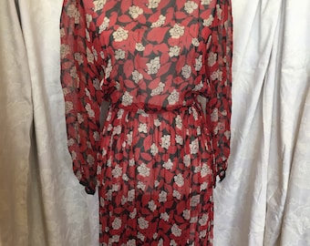 Late 79s black/red/cream floral sheer dress