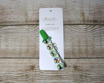 Pacifier Clip, Paci Clip, Binky Clip, Teether Clip, Tractors and Trucks, Green