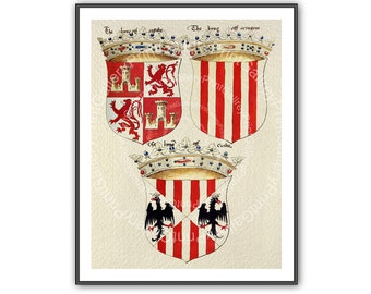Medieval Crowns Heraldry Prints Heraldic Shields Renaissance Coat of Arms European Crest Wall Art Man Cave Art Decor Antique Maritime ap 161