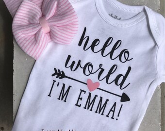 Hello World Newborn Outfit with Handmade Bow Hat , Personalized Bodysuit, Baby Shower Gift, Take Home Outfit, Hello World, Baby Girl Outfit