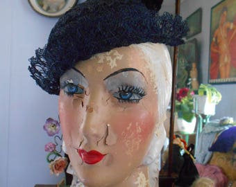Cute 1930's Navy Blue Horsehair Hat