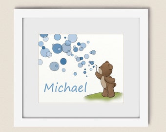 8 x 10 Blue Boys Room Art Print, Personalized Childrens Wall Art, Teddy Bear Blowing Bubbles Nursery Wall Decor ( 259)