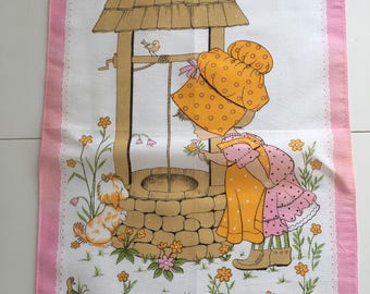 Vintage Kitsch Tea Towel- cute little girl at wishing well.