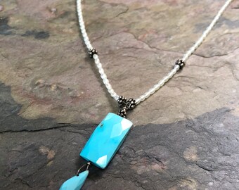 Striking Faceted Arizona Sleeping Beauty Turquoise And White Freshwater Pearl Necklace - Sterling Silver
