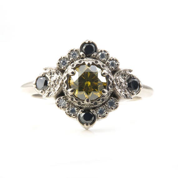 Irradiated Yellow Diamond Engagement Ring - Crescent Moons with a Black and White Diamond Halo