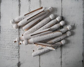 dolly pegs shabby cottage chic old fashioned pegs hand stamped primitive pegs rustic white stamped pegs french script weathered pegs 14 PC