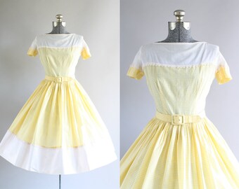 Vintage 1950s Dress / 50s Cotton Dress / Yellow and White Gingham Dress w/ Original Waist Belt S