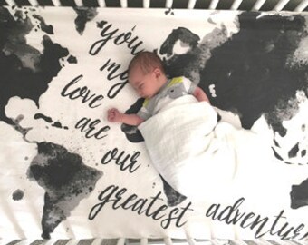 Map Crib Sheet or Swaddle Blanket, Mod // Aspen Lane EXCLUSIVE // Black & White, Gray, Grey Greatest Adventure, baby sheet