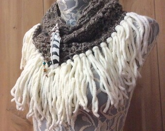 Heather Brown Snowy Owl cowl... knit crocheted fringed yarn soft scarf leather tie bohemian boho
