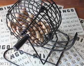 Vintage BINGO set, Wooden Balls, Metal Bingo Wire Hopper and Markers, Bingo Cards