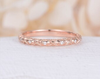 Rose gold wedding band women Vintage Art deco half Eternity band antique Stacking matching unique Floral Bridal set Milgrain Promise Gift