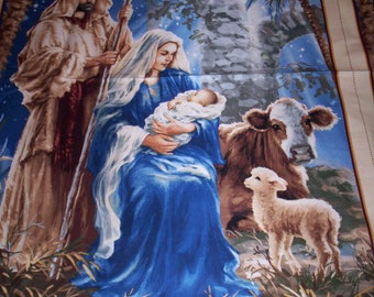 1 Panel Nativity Scene Donna Gelsinger Timeless Treasures beautiful scene with sheep and cow tan and blue