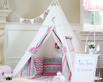 Alice Teepee Package with Poles Floor Flags Lights,Kids Teepee, Play Tent, Childrens Teepee, Tipi, Playhouse, girl teepee,Kids Room Decor