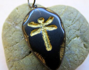 BACK In Stock ONYX DRAGONFLIES . Czech Picasso Glass Beads . 30 mm (2 beads)
