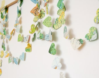 Heart garland, recycled map garland bunting, 12 ft wedding garland party decor photo booth bridal baby shower nursery kids travel decor