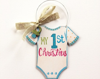 My first Christmas ornament- personalized ornament - painted ornament for baby - pacifier- baby bodysuit - hand lettering- New baby Ornament