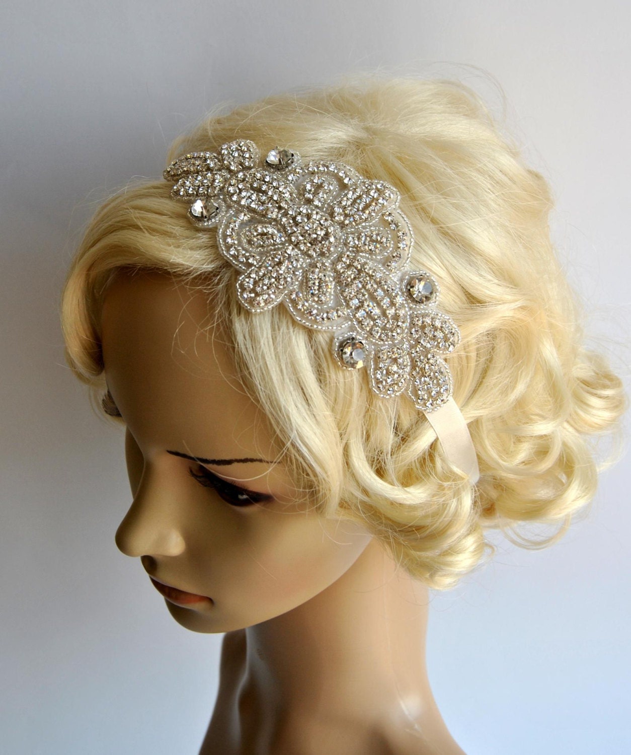 Rhinestone Bridal Headband Wedding HeadpieceRibbon tie on
