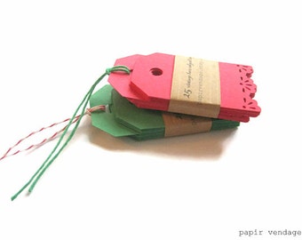25 Christmas Tags, Vintage Lace Red Tags, Red gift tags, Green Gift tags, Christmas gift tags, Vintage lace edge tags , Holiday gift tags