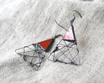 Statement Earrings, Triangular Red Earrings, Geometric Jewelry, Glass Metal, Unique handcrafted