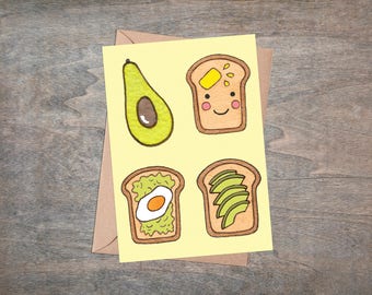 Avocado Greetings Card & Envelope - Avocado Toast Green Yellow Birthday Valentines Anniversary Food card - Retro Style Egg Birthday Card
