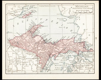 Small Michigan Map of Peninsula (Antique Wall Decor Print, Old Atlas Wall Art, State Color Map) Vintage 1900s Map No. 53-2
