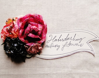 Bon Bon Pink Stardust midnight cream Handmade Roses Vintage style Millinery flower corsage