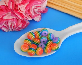 Rainbow Beads, Resin Beads, Colorful Striped Beads, Rainbow Beads, 8mm, Smooth Round, Necklace Beads, Beads, Jewelry Making, #145A