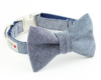 Indigo Herringbone Dog Bowtie Collar