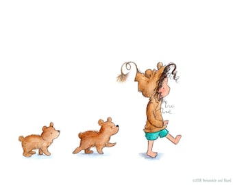 The Three Bears - Brunette Girl and Baby Bears - Art Print