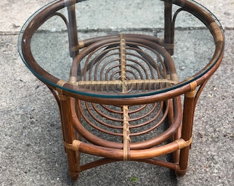 Vintage rattan coffee table in Franco Albini style - bohemian table with glass top