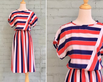 1970s striped dress / 70s blue red day dress / 1970s midi dress / 70s pattern dress